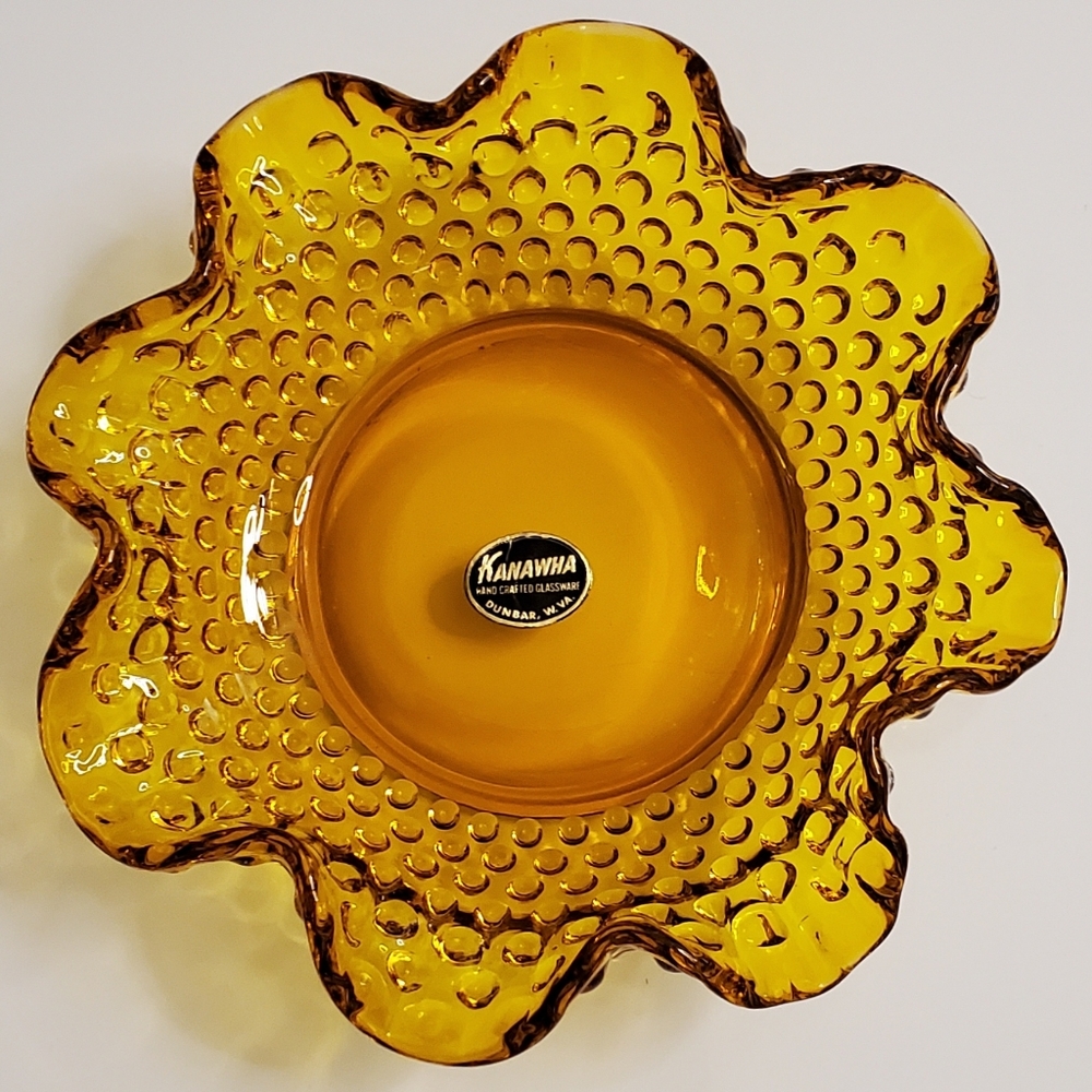 Vntg Handcrafted Kanawha Hobnail Amber Ruffled Bowl EUC - Picture 6 of 10